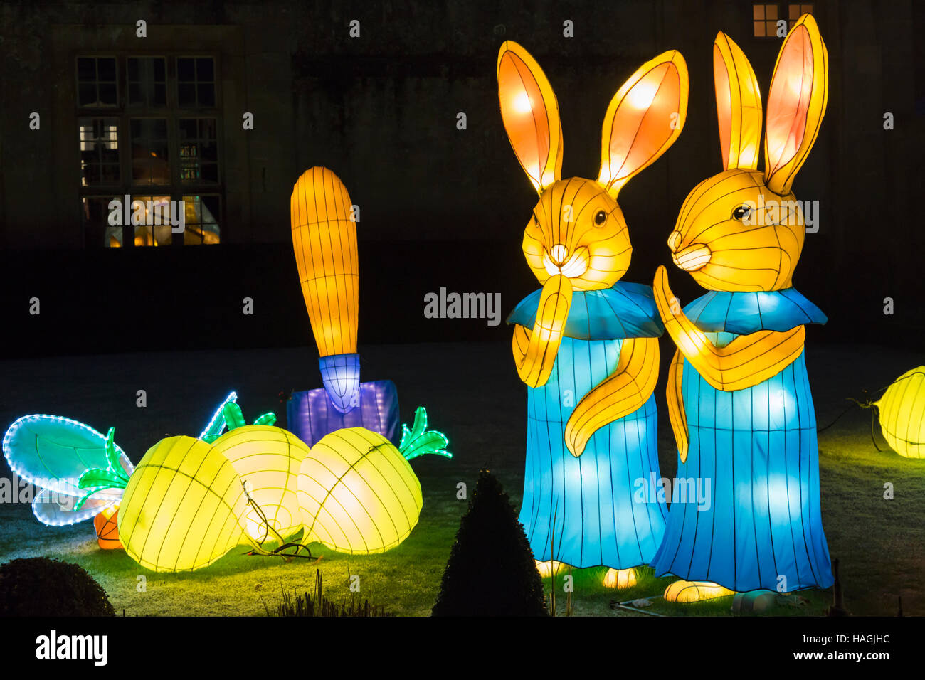 Longleat, Warminster, Wiltshire, UK. 1 December 2016. Christmas Festival of Light at Longleat to celebrate the Safari Park's 50th anniversary with the theme of Beatrix Potter. Crowds flock to see the lights on a bitter cold evening. bunny rabbits in the garden Credit:  Carolyn Jenkins/Alamy Live News Stock Photo
