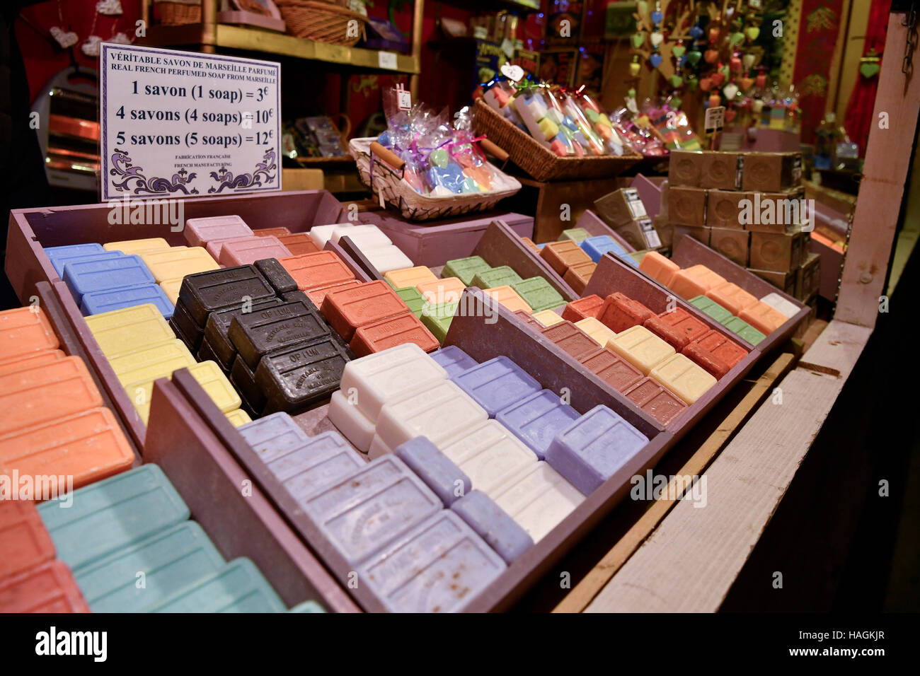 Paris, France. 1st Dec, 2016. Soaps are seen at the Christmas market along the Champs-Elysees in Paris, France, Dec. 1, 2016. Credit:  Chen Yichen/Xinhua/Alamy Live News Stock Photo