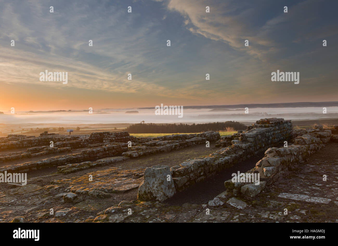Housesteads Roman Fort - remains of the outer barrack block (13) seen at dawn with low-lying mists in the background Stock Photo