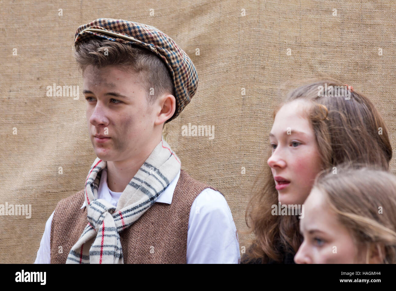 Street urchins performing at Victorian Festival of Christmas at Portsmouth, Hampshire, England UK in November Stock Photo