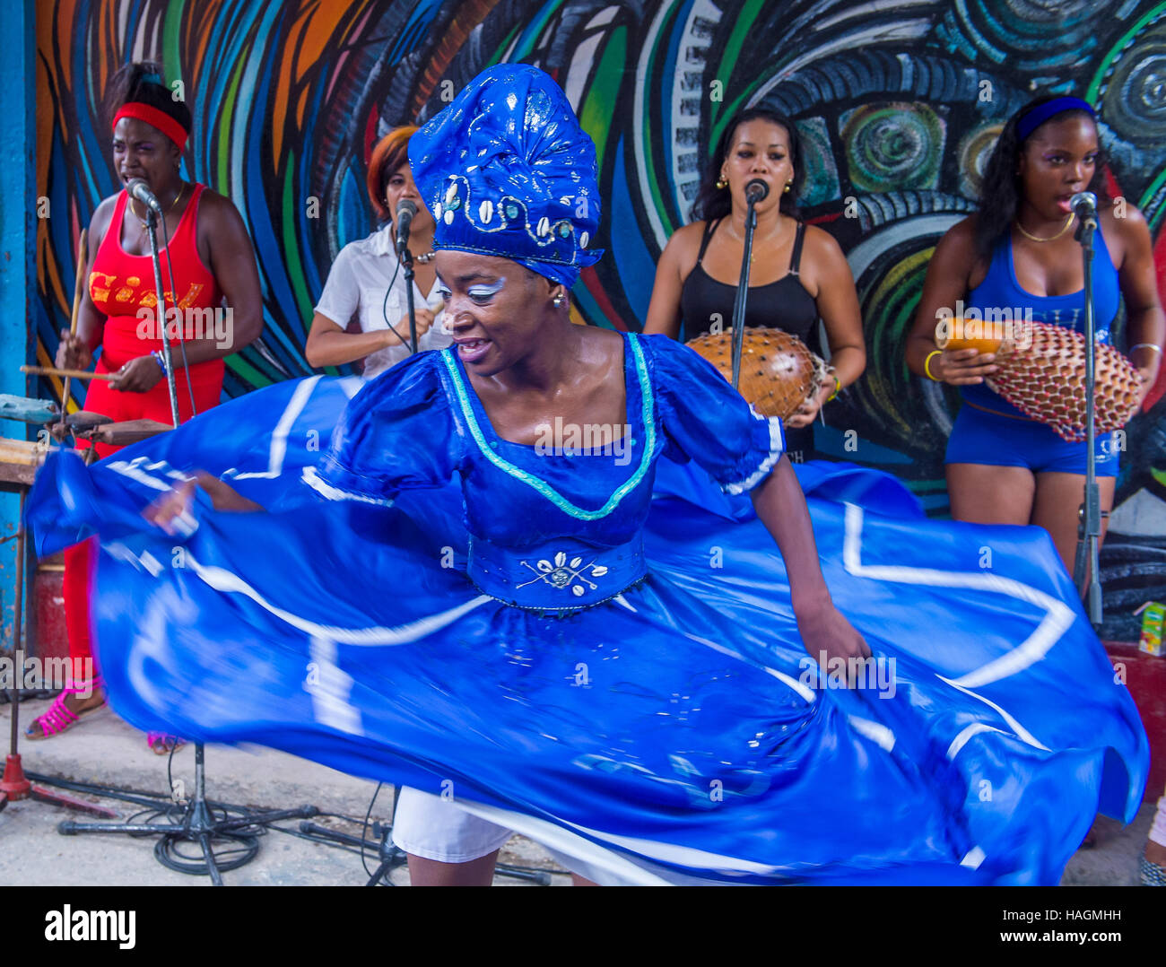 Rumba dancers in Havana Cuba. Rumba is a secular genre of Cuban music involving dance, percussion, and song. It originated in the northern regions of Stock Photo