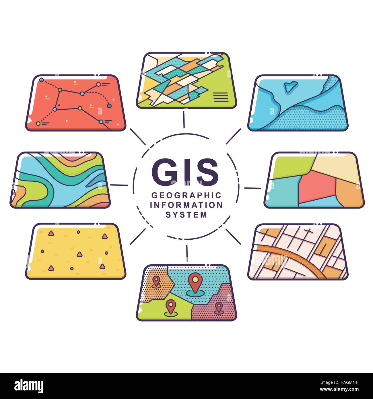 Vector Illustration of GIS Spatial Data Layers Concept for Business Analysis, Geographic Information System, Icons Design, Line Stock Vector
