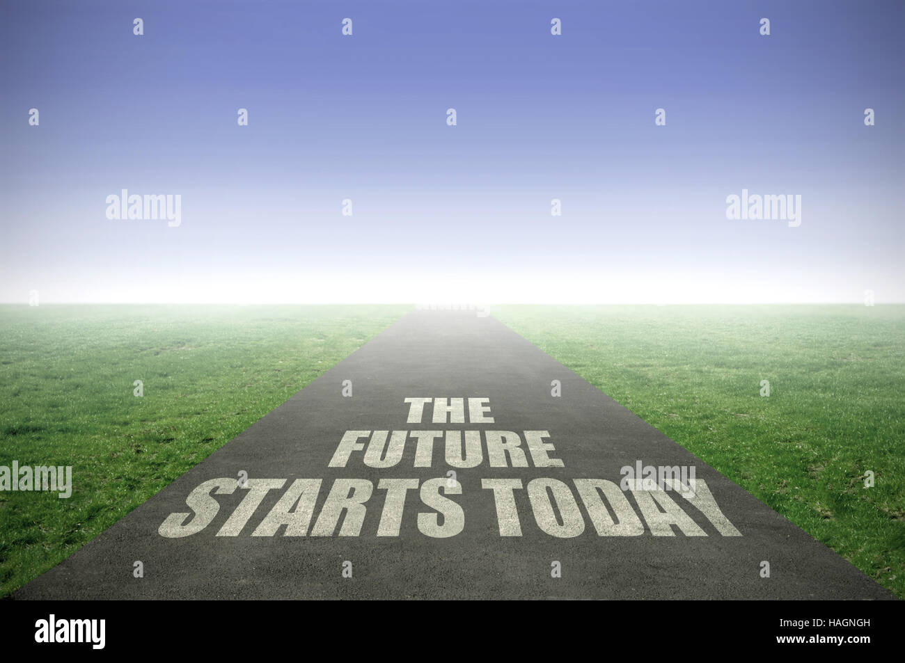 The Future Starts Today Painted On An Open Road Leading Out To The Stock Photo Alamy