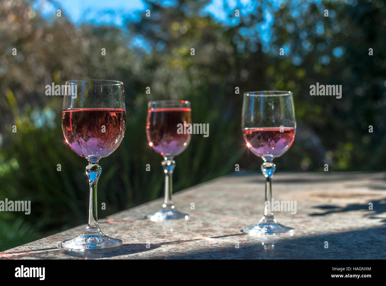 Rosè wine in stemmed glasses on a table in a garden in a sunny day Stock Photo
