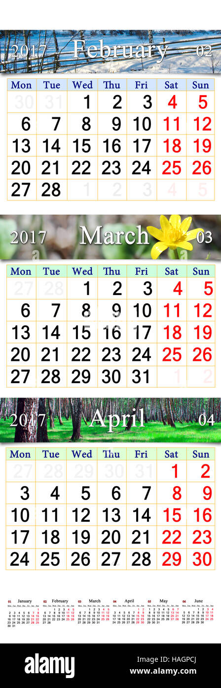 triple calendar for three months of 2017 with pictures of nature Stock ...