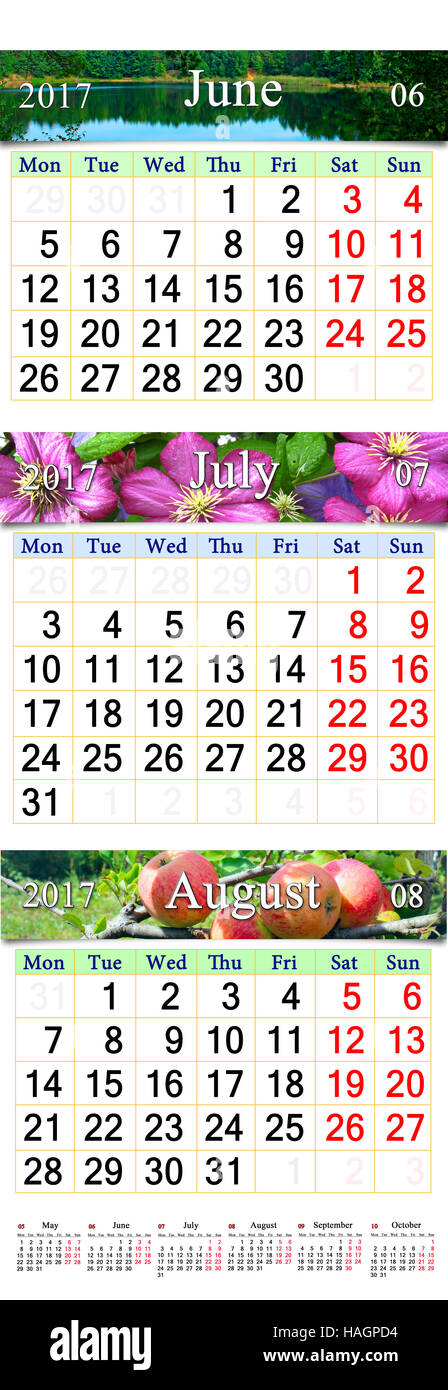 office calendar for three months June July and August 2017 with ...