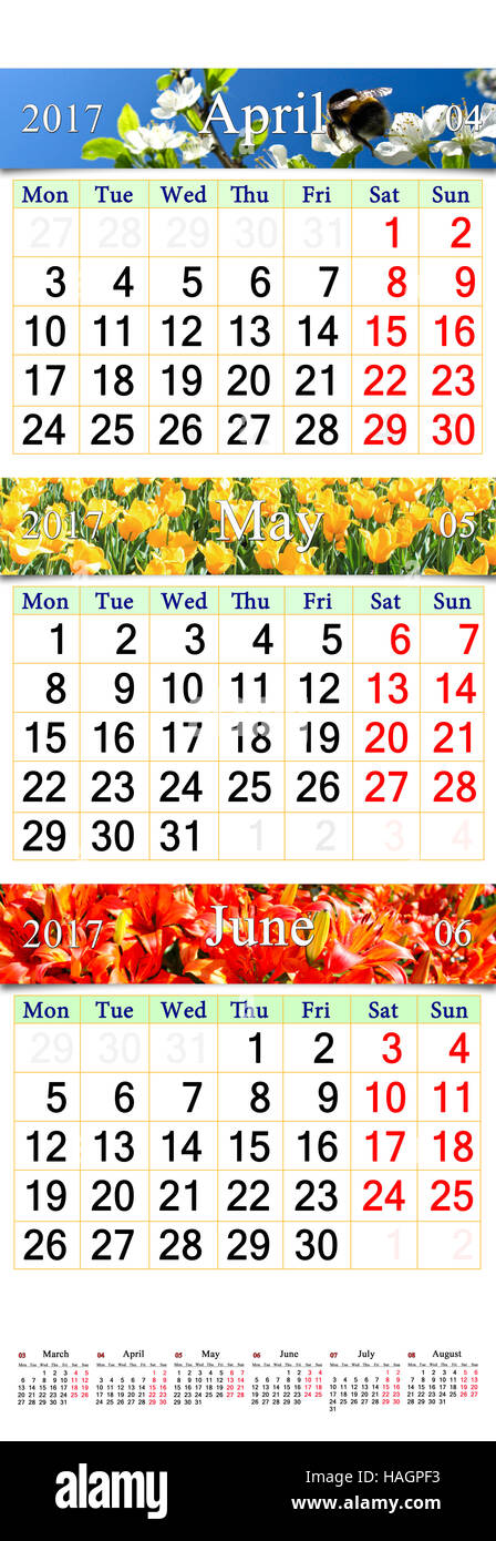 wall calendar for three months April May and June 2017 with pictures of ...