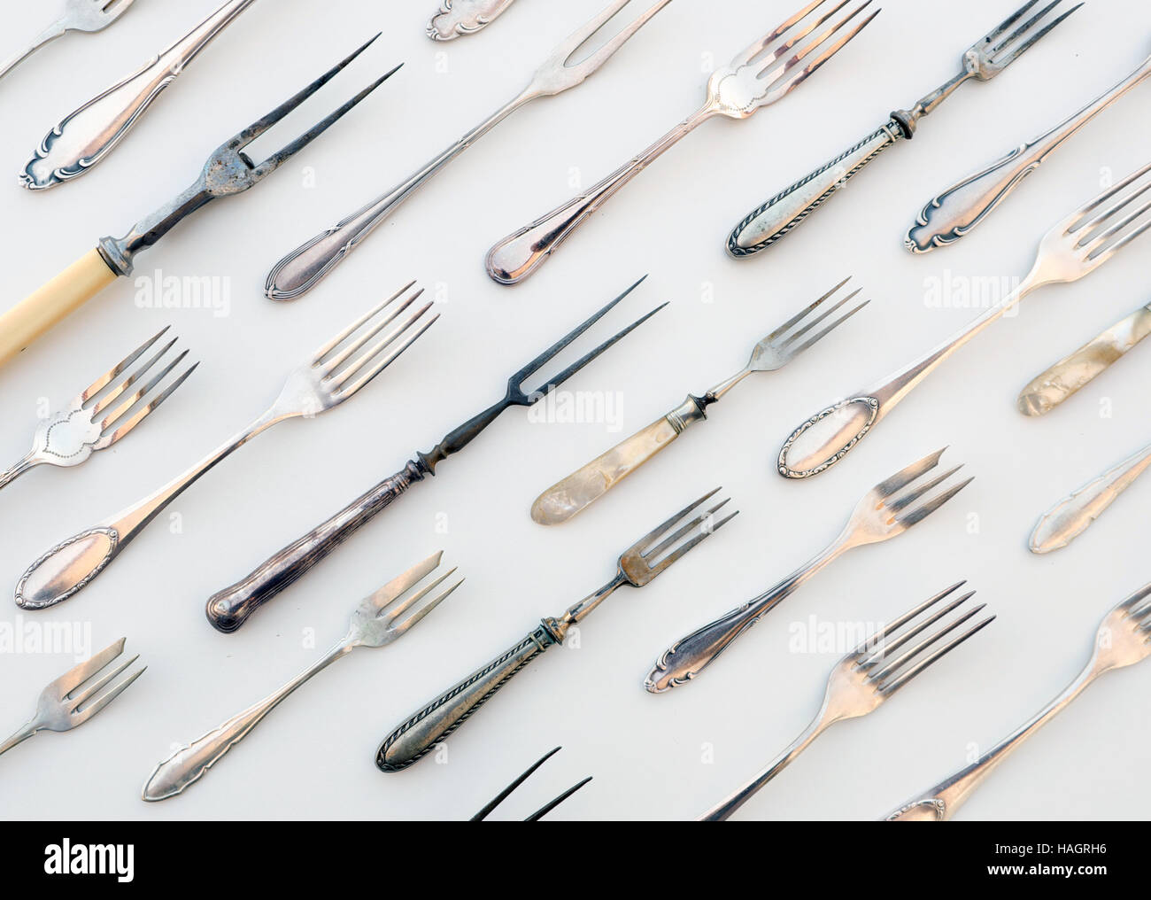 beautiful vintage fork pattern - old cutlery , beautiful retro flatware - table decoration,  food concept Stock Photo