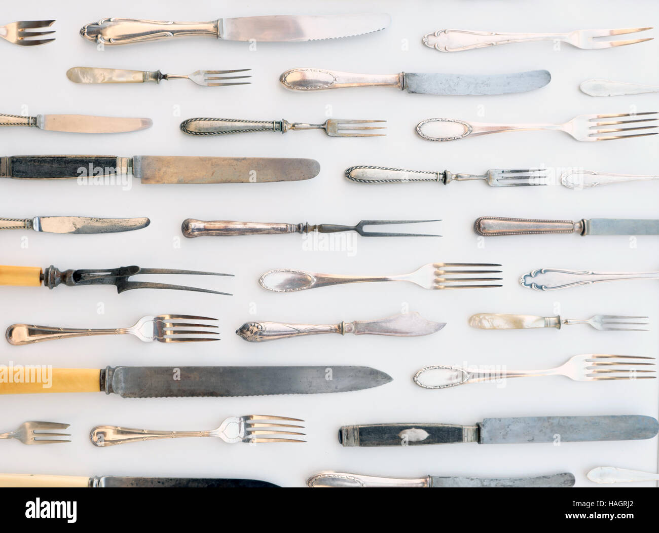 knife and fork pattern - vintage beautiful flatware, silver cutlery Stock Photo