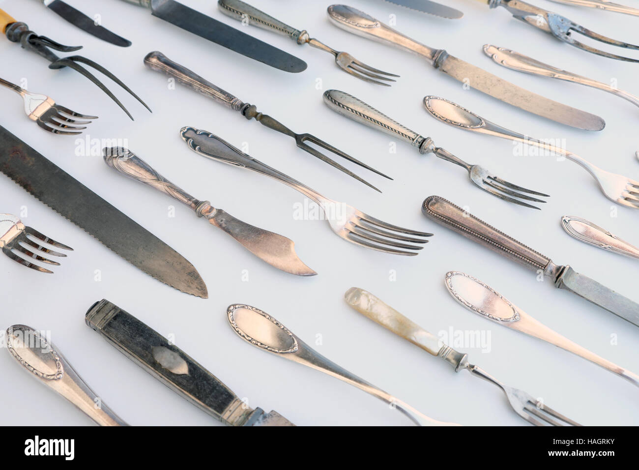 knife and fork pattern - vintage beautiful flatware, silver cutlery Stock Photo