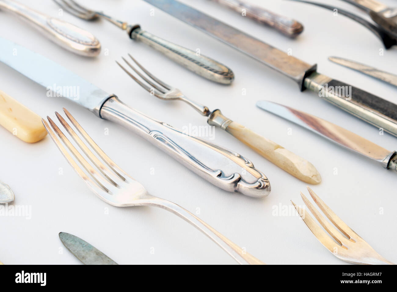 beautiful silver flatware , cutlery macro on decorative table Stock Photo