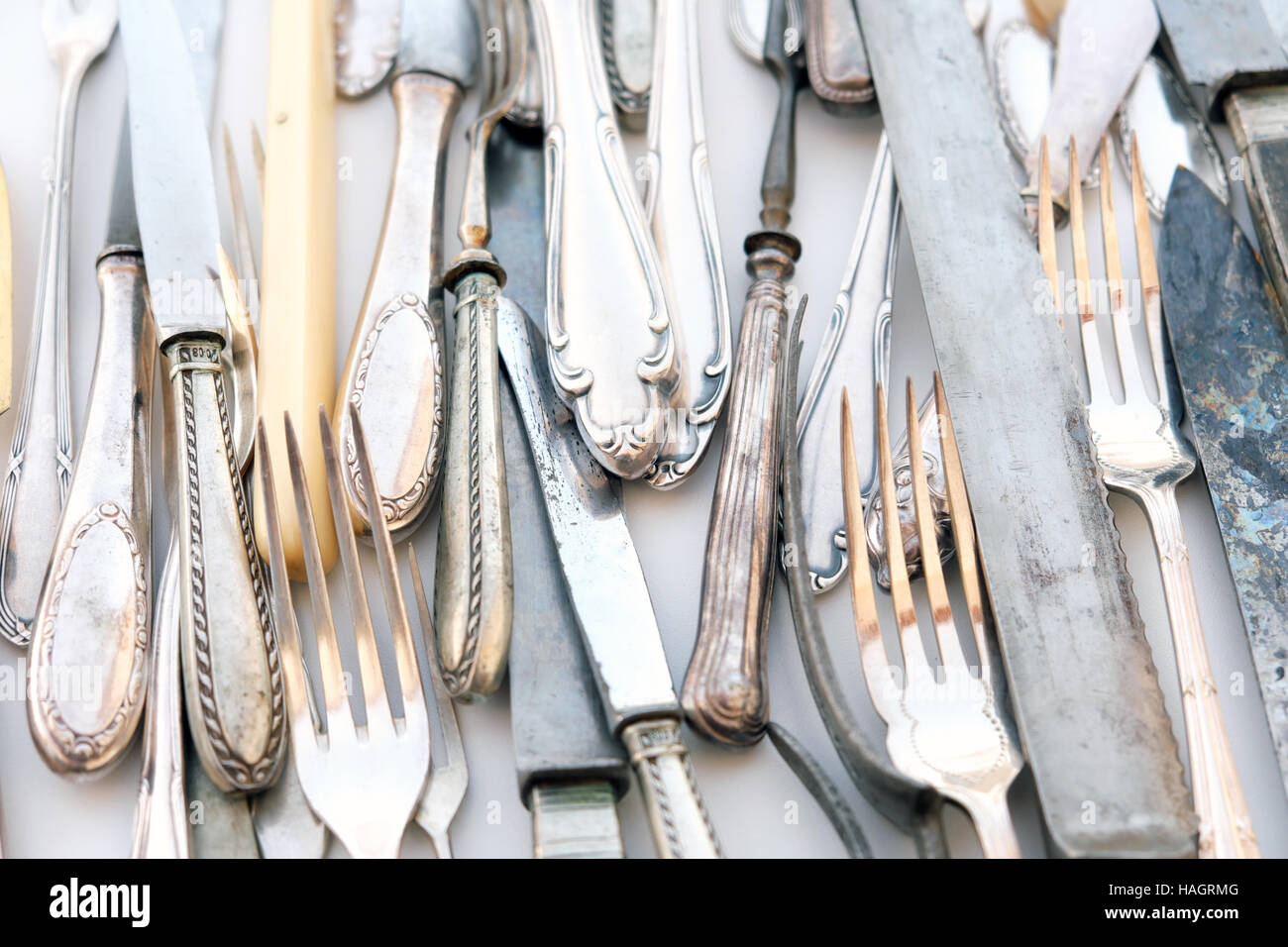 old cutlery, vintage flatware, beautiful silver fork and knife Stock Photo