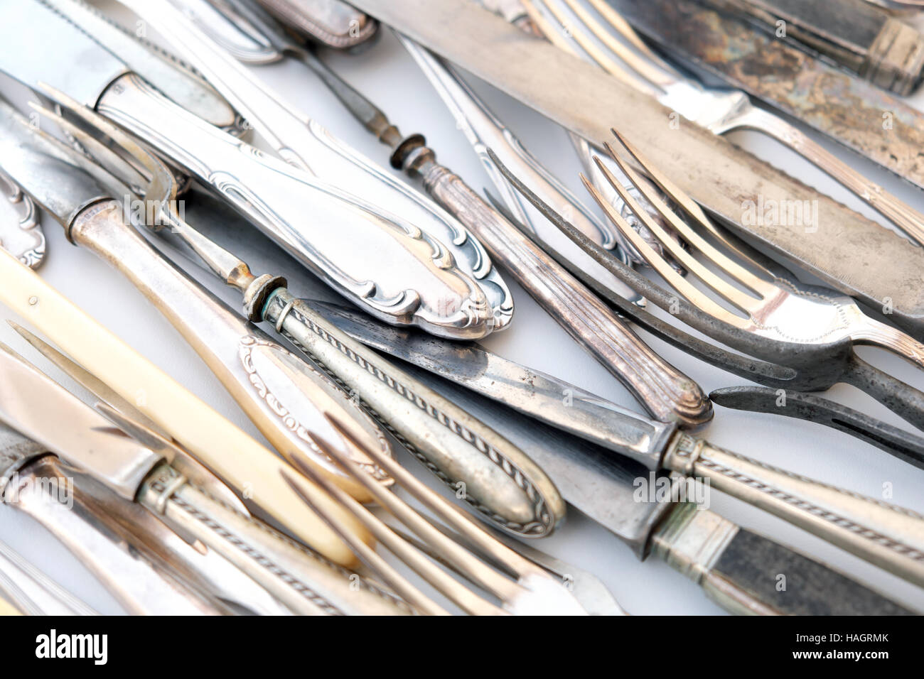 old cutlery, vintage flatware, beautiful silver fork and knife Stock Photo