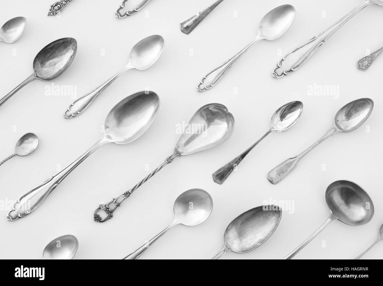 spoon pattern dinner concept - beautiful flatware, fancy silver cutlery Stock Photo