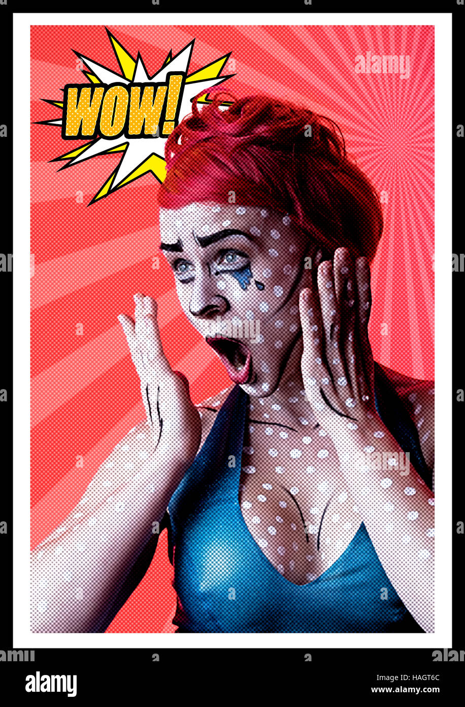 Portrait in pop art comic strip style featuring determined red haired woman with white dots, blue tears and contouring on skin Stock Photo