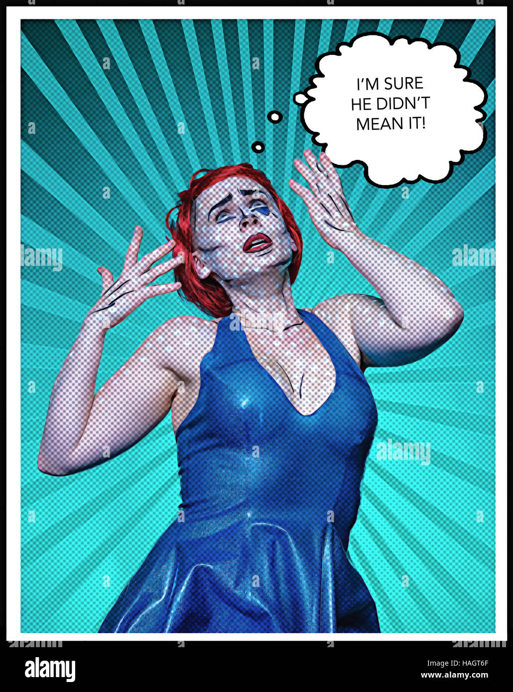 Portrait in pop art comic strip style featuring determined red haired woman with white dots, blue tears and contouring on skin Stock Photo