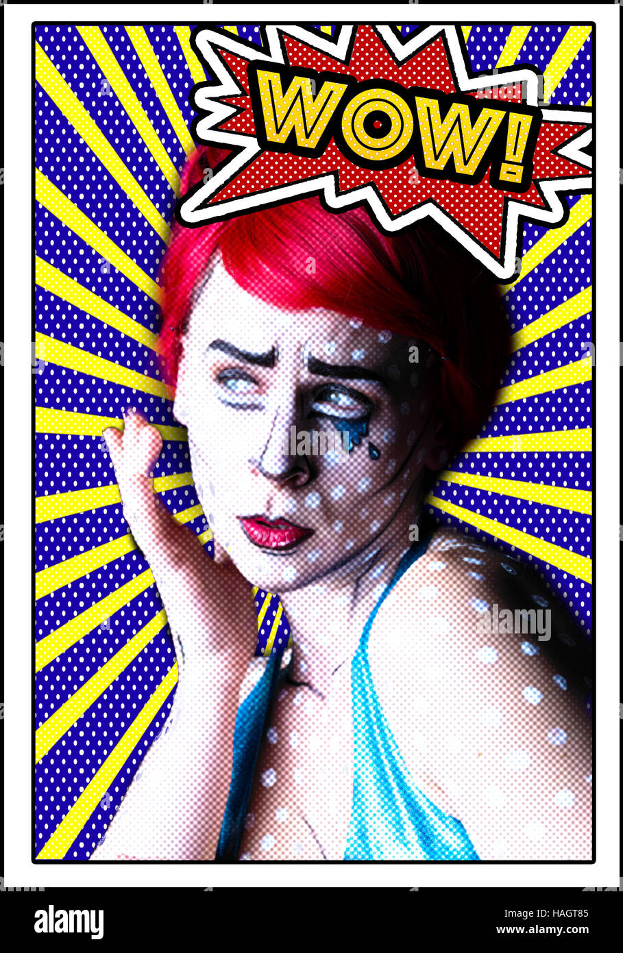 Portrait in pop art comic strip style featuring determined red haired woman with white dots, blue tears and contouring on skin Stock Photo