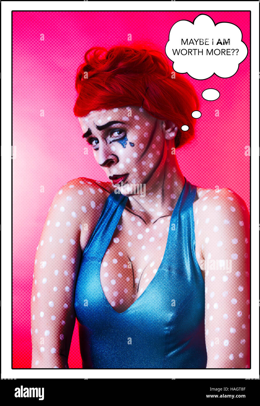 Portrait in pop art comic strip style featuring determined red haired woman with white dots, blue tears and contouring on skin Stock Photo