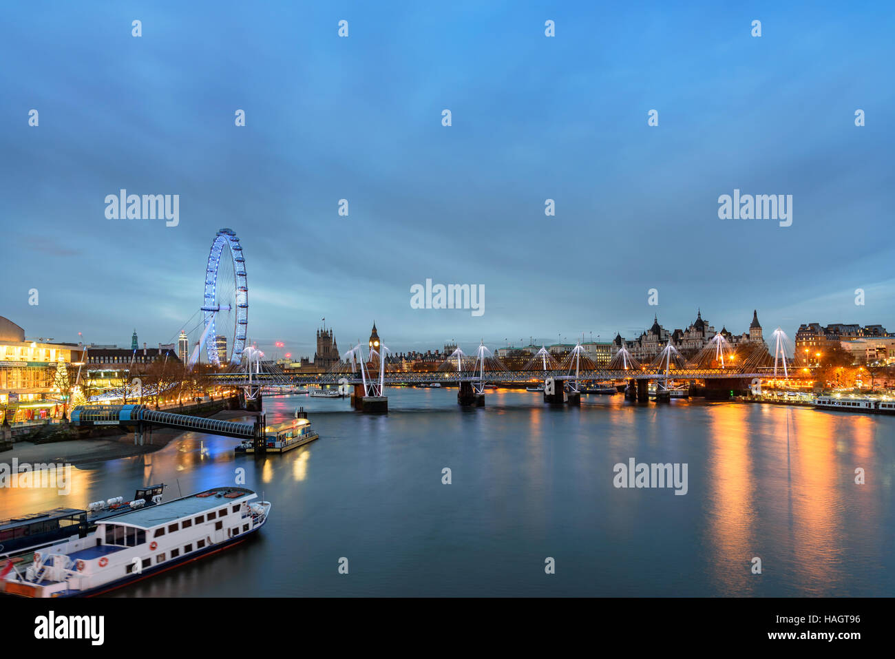 Big Ben, the London Eye and Houses of Parliament captured in stunning panoramas of London skyline. Stock Photo
