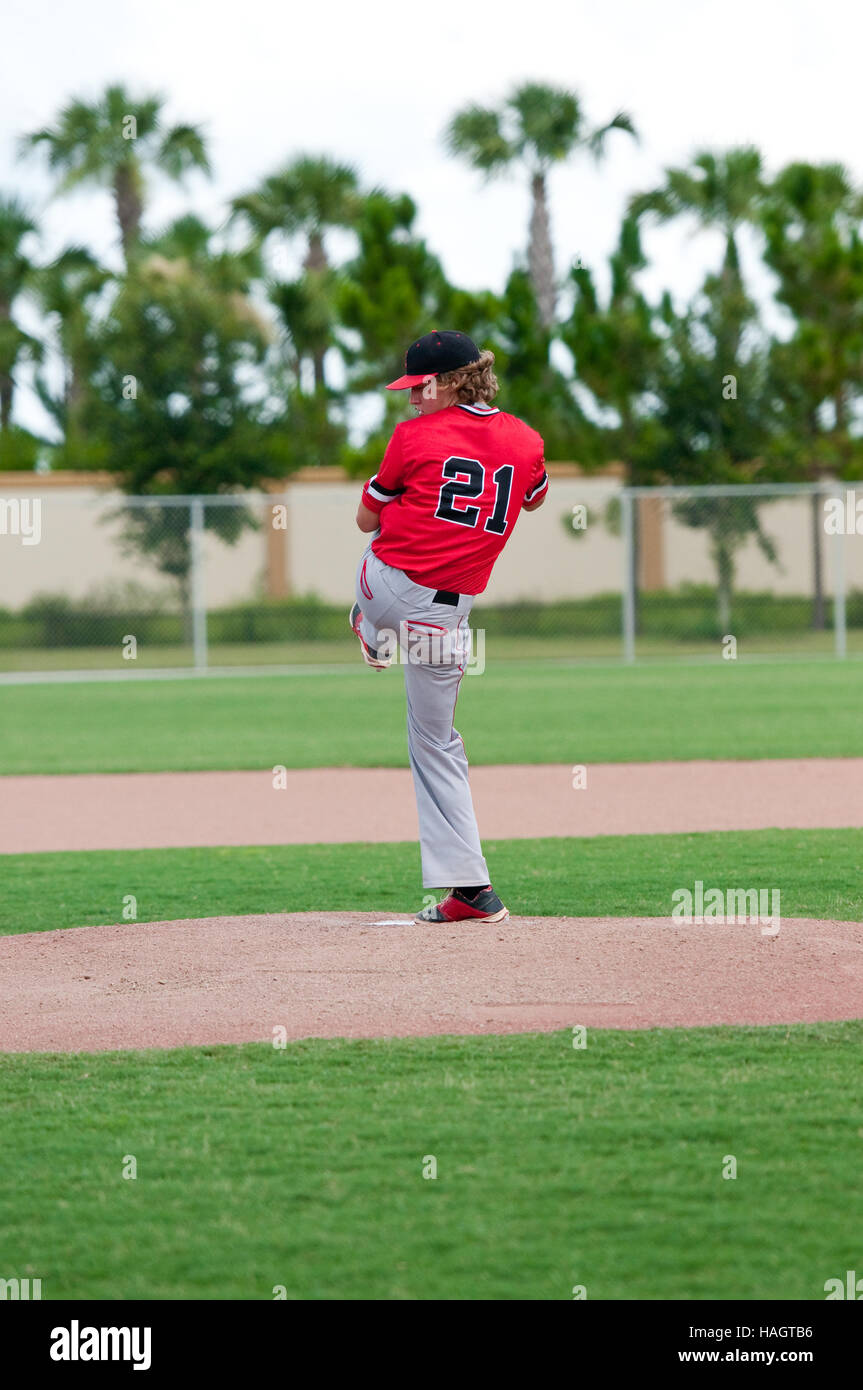 American baseball teenage pitcher during wind up Stock Photo Alamy