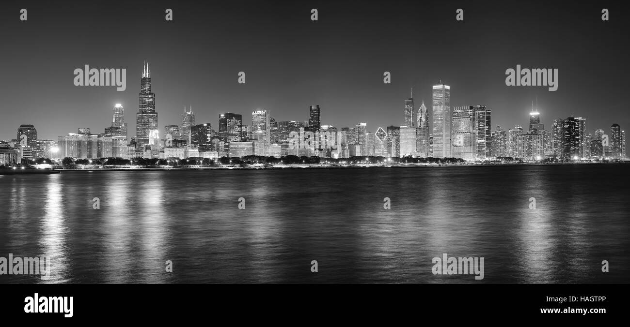 Black and white night panoramic picture of Chicago city skyline, USA. Stock Photo