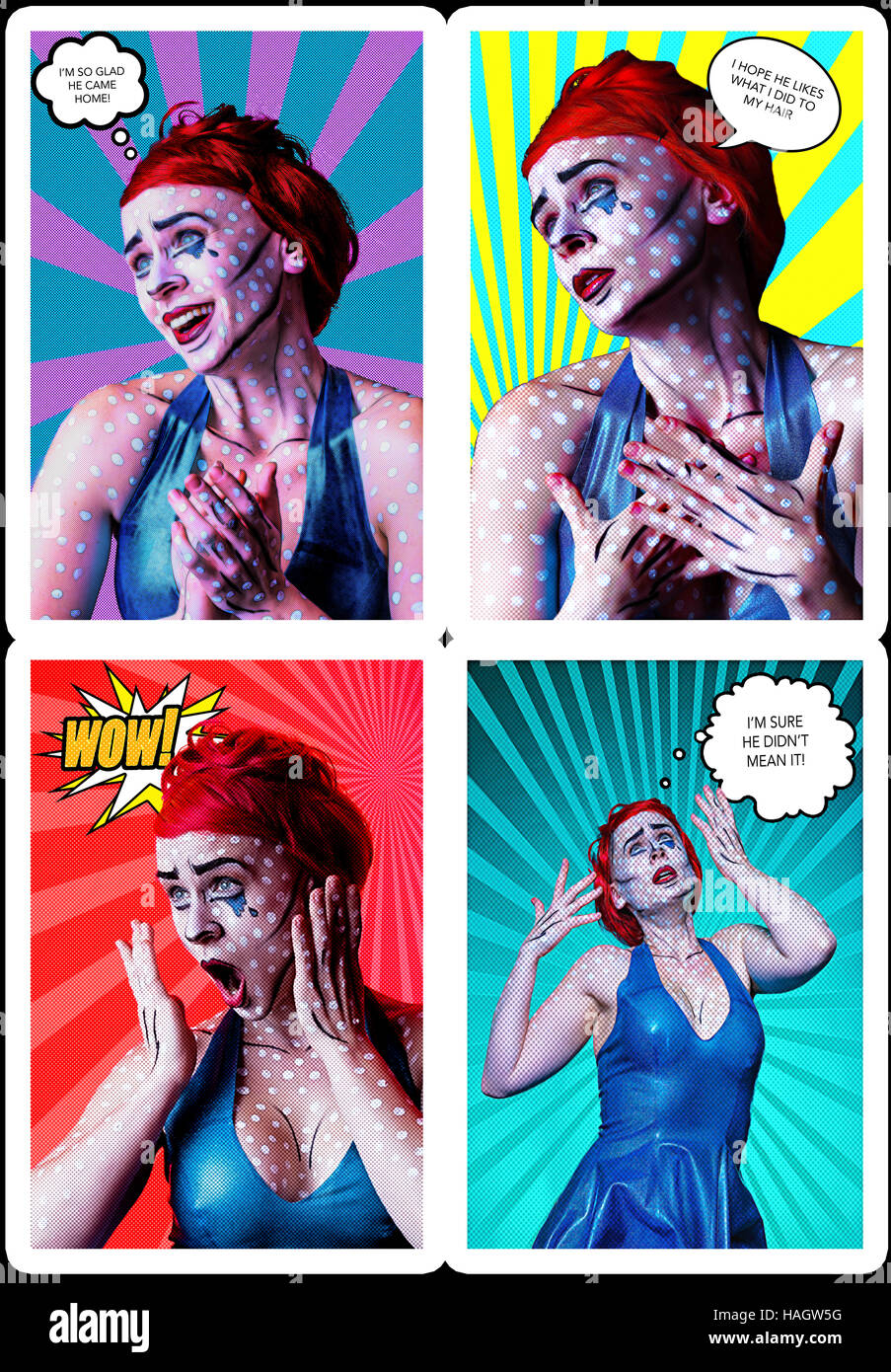 Four panel comic strip in the pop art style of Lichtenstein featuring red headed woman with white dots on skin and blue dress Stock Photo