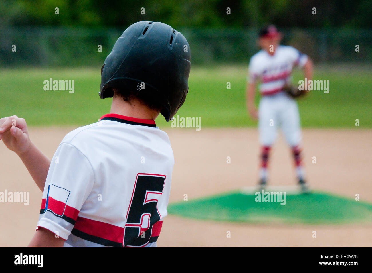 Rearview close-up of youth baseball player. Stock Photo