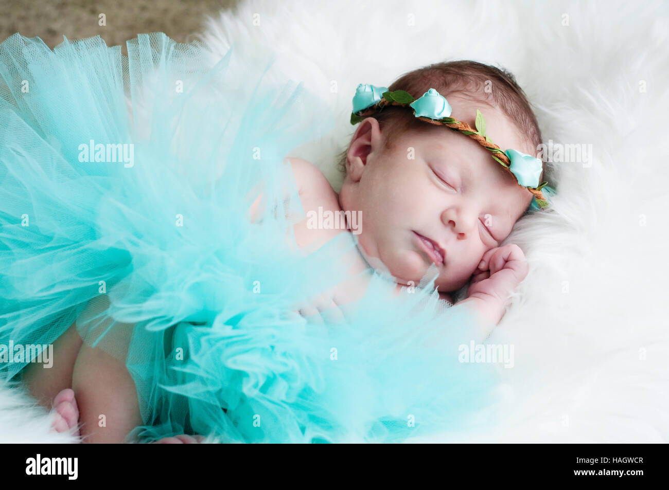Portrait of adorable newborn baby girl in teal tutu sleeping on white fur. Stock Photo