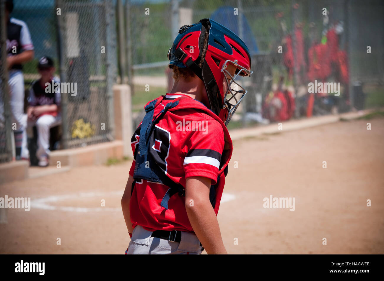 American youth baseball catcher wearing protection gear and mask. Stock Photo