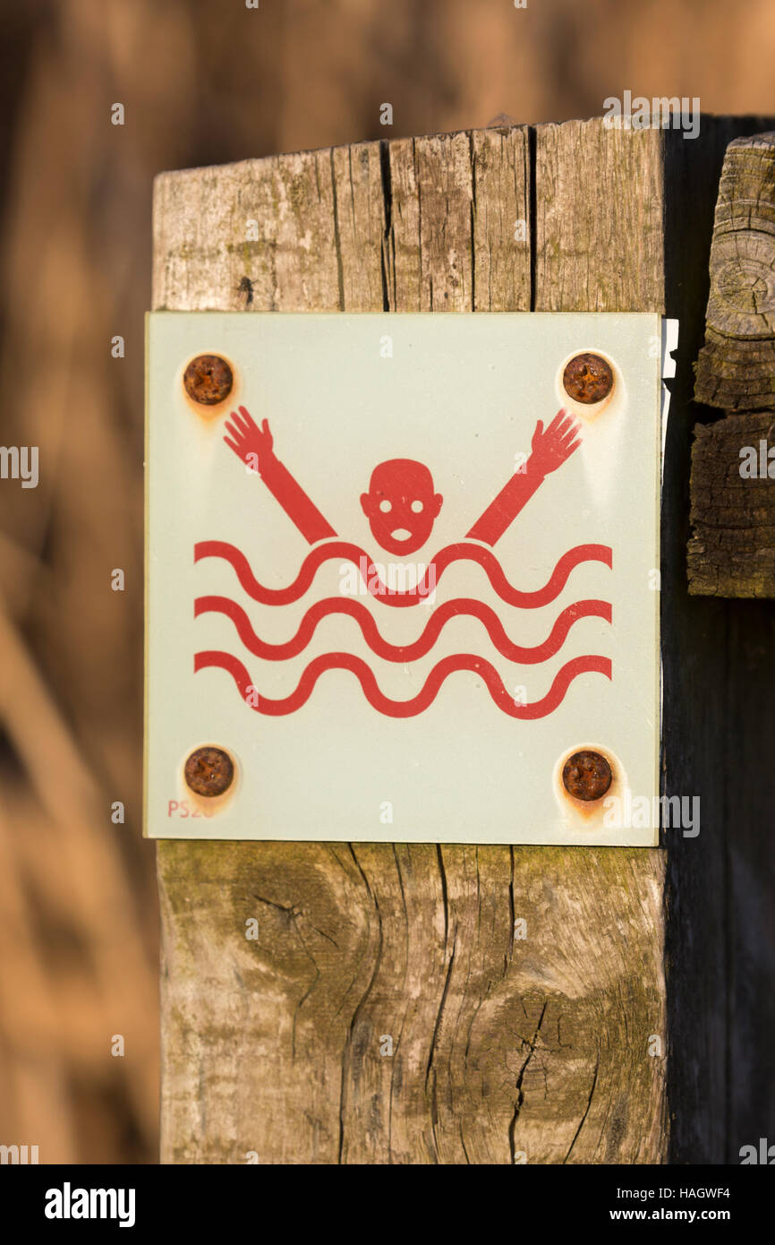 Deep water warning sign, Newport Wetlands. Stock Photo