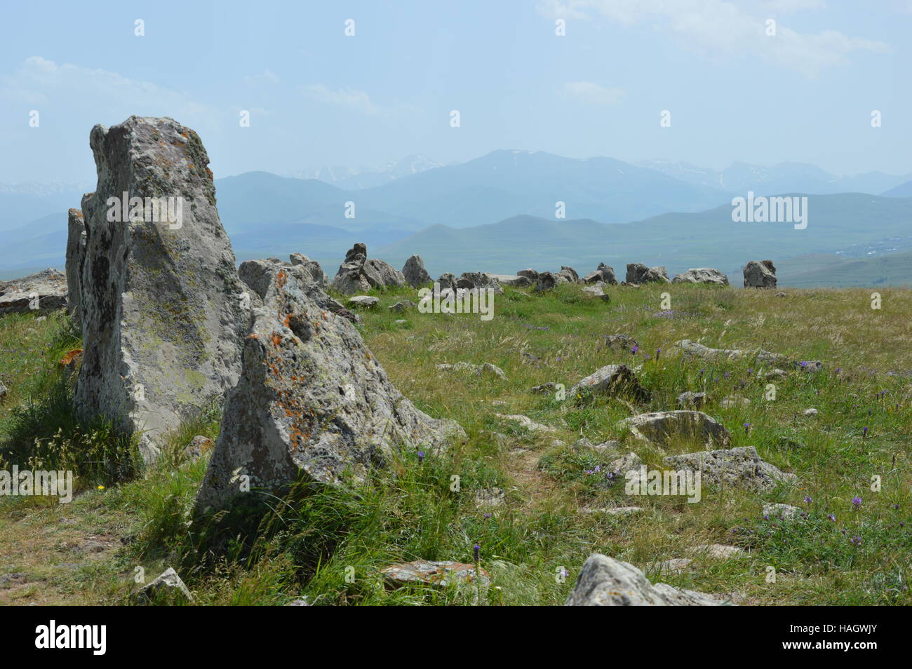 Karahunj or Zorats Karer is a prehistoric archaeological site near the city of Sisan in Armenia. Stock Photo
