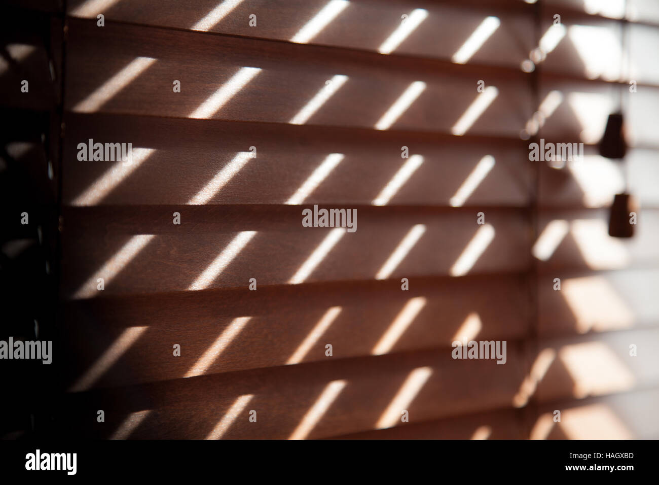 Sunlight showing through wooden blinds on a lounge window Stock Photo