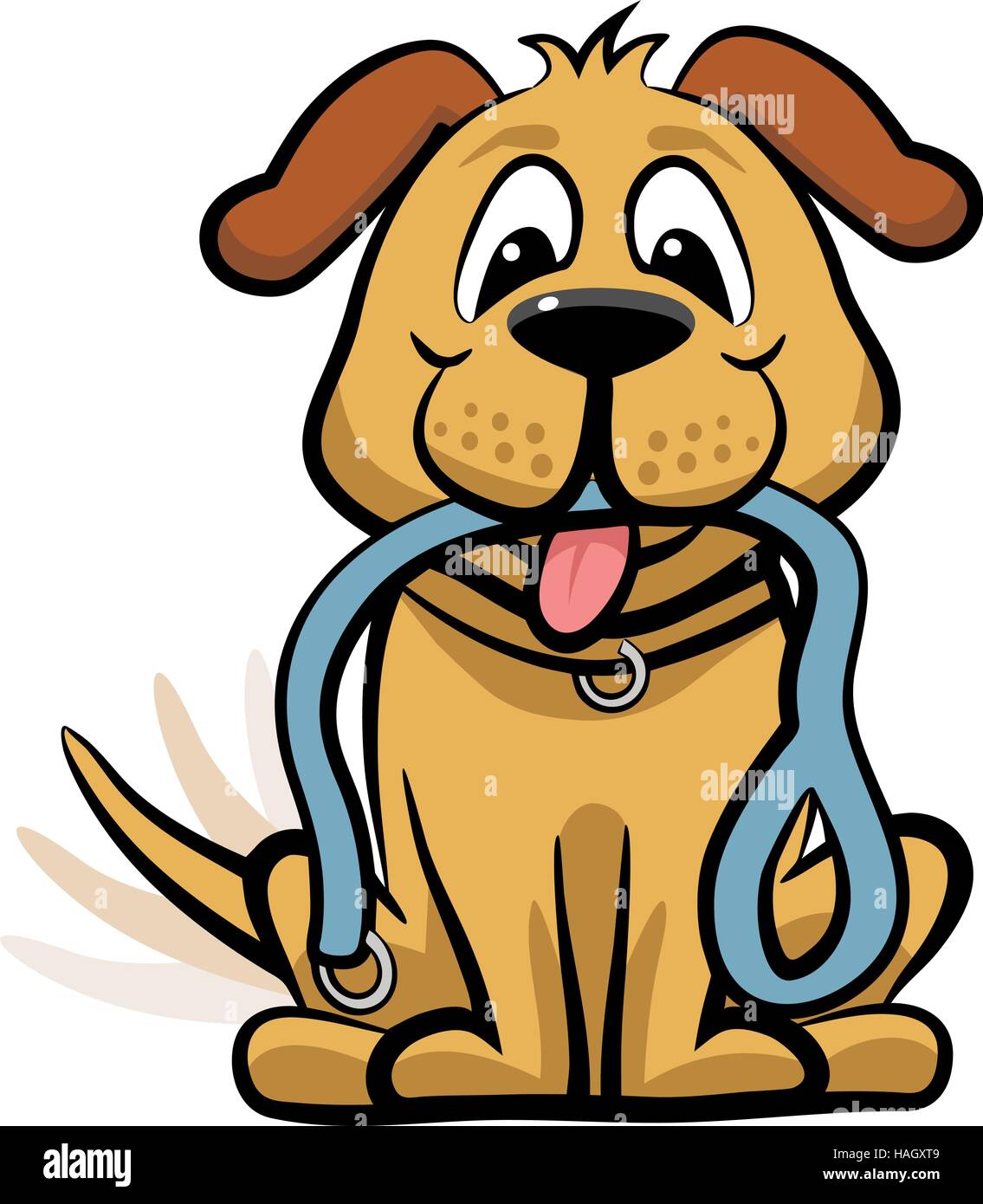 Vector cartoon dog expectantly waiting for a walk with a leash in its mouth Stock Vector