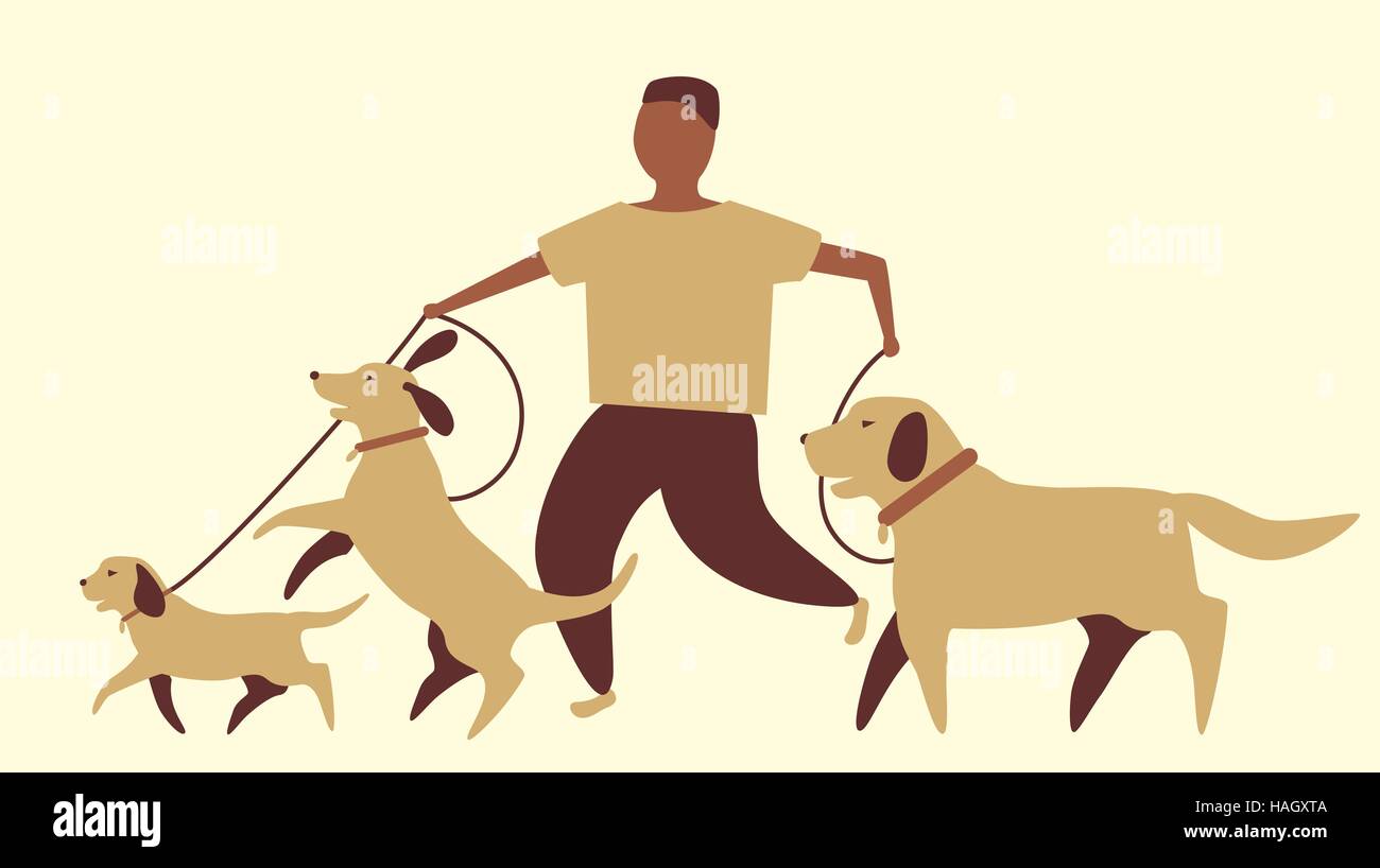 Vector illustration of a person walking three dogs Stock Vector