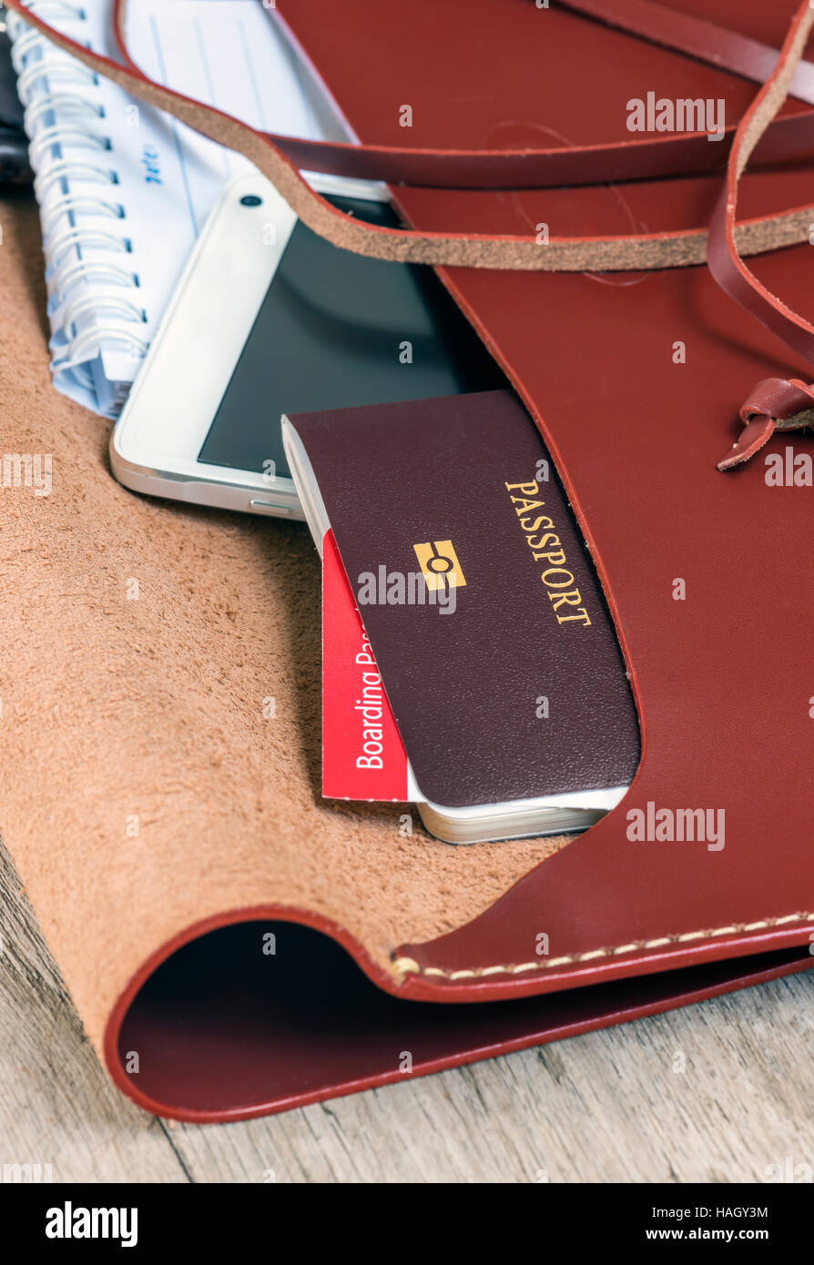 passport in the leather bag,selected focus. Stock Photo