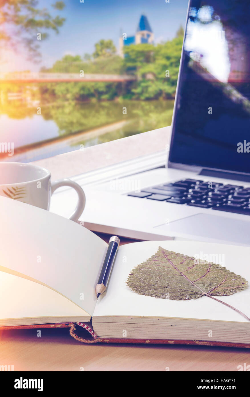 Dry leaf on blank notebook and laptop on the table near window.Soft focus. Stock Photo