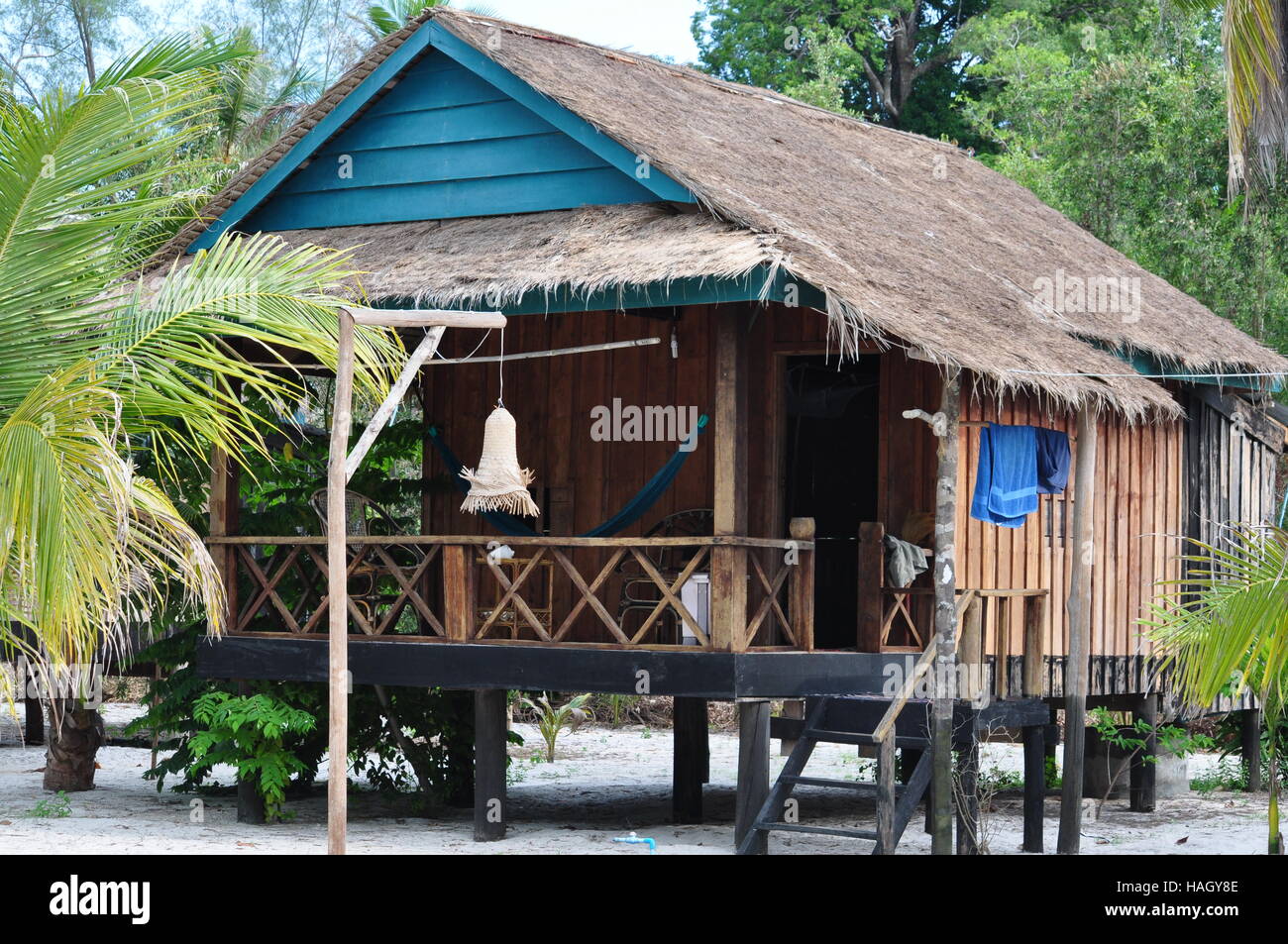 Beach bungalow, Palm beach, Koh Rong, paradise island, Cambodia Stock Photo