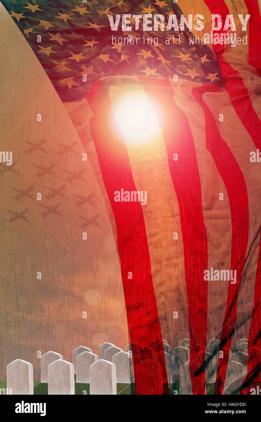 United States Flag and Grave stones in a row  in the sun light for Veterans Day Concept Stock Photo