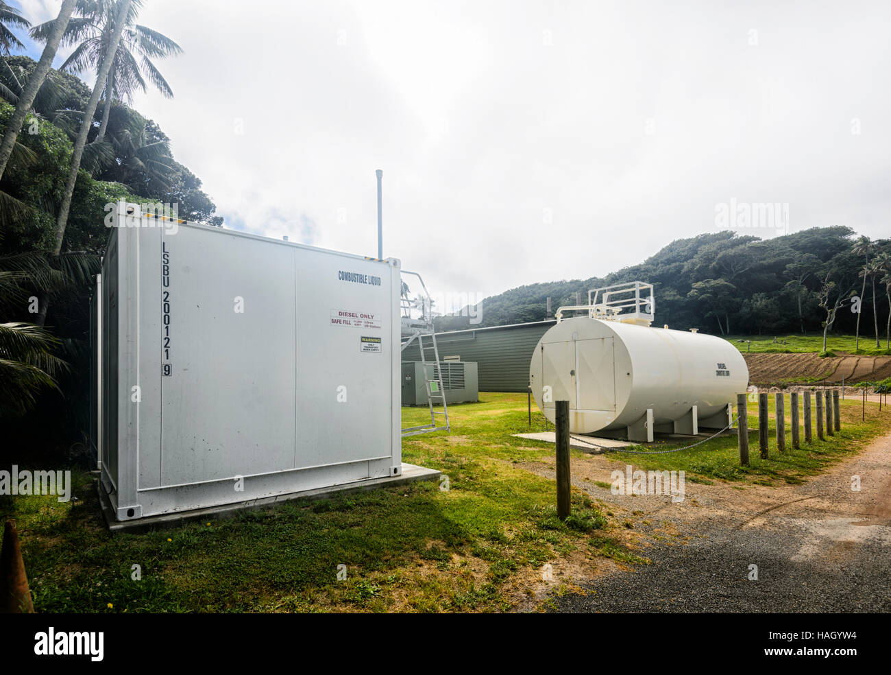 Diesel Generator powering the whole of Lord Howe Island, New South Wales, Australia. A plan is afoot to complement it with windfarms and solar energy. Stock Photo