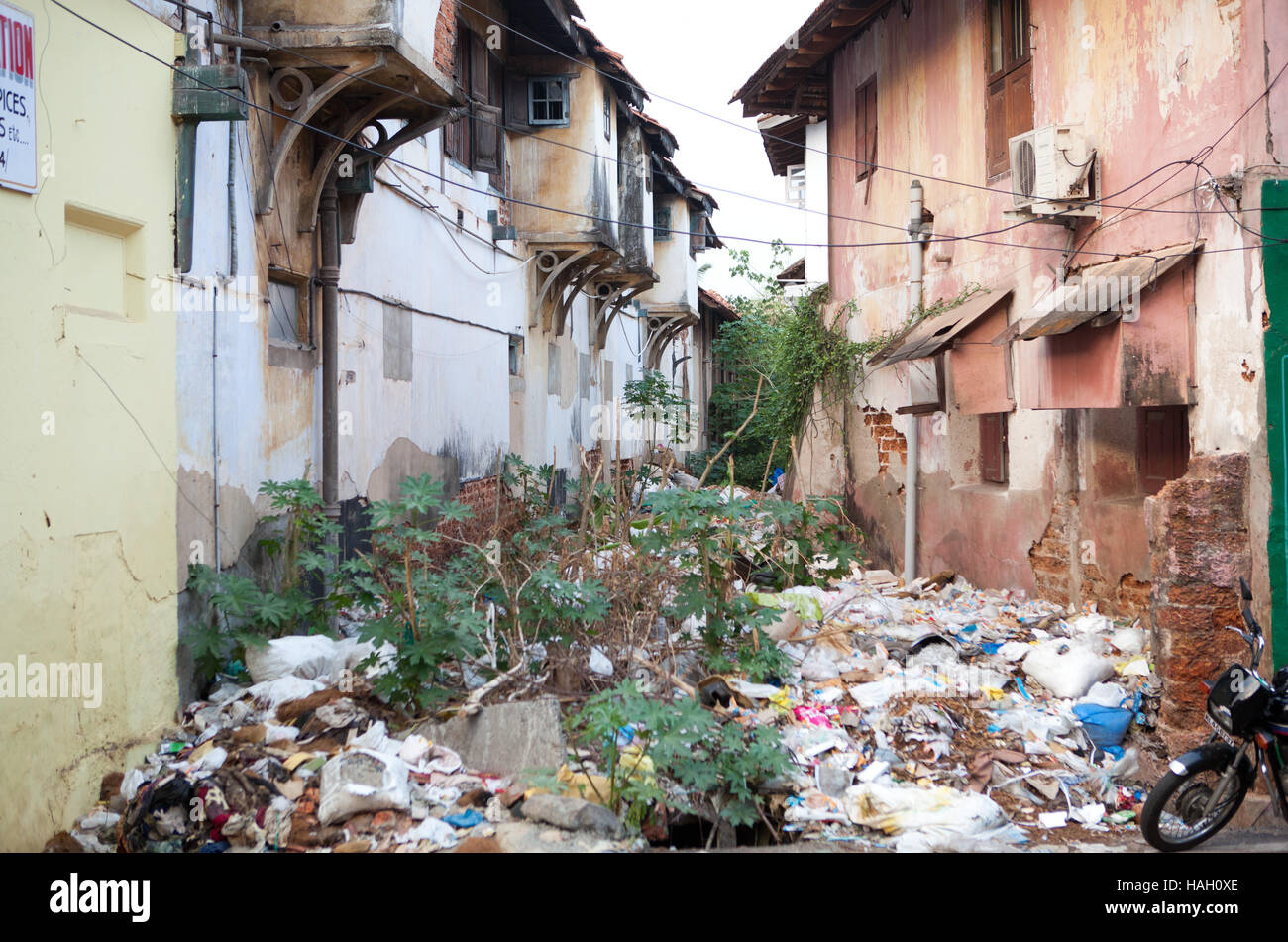 Rubbish in a backyard in Cochin, India Stock Photo