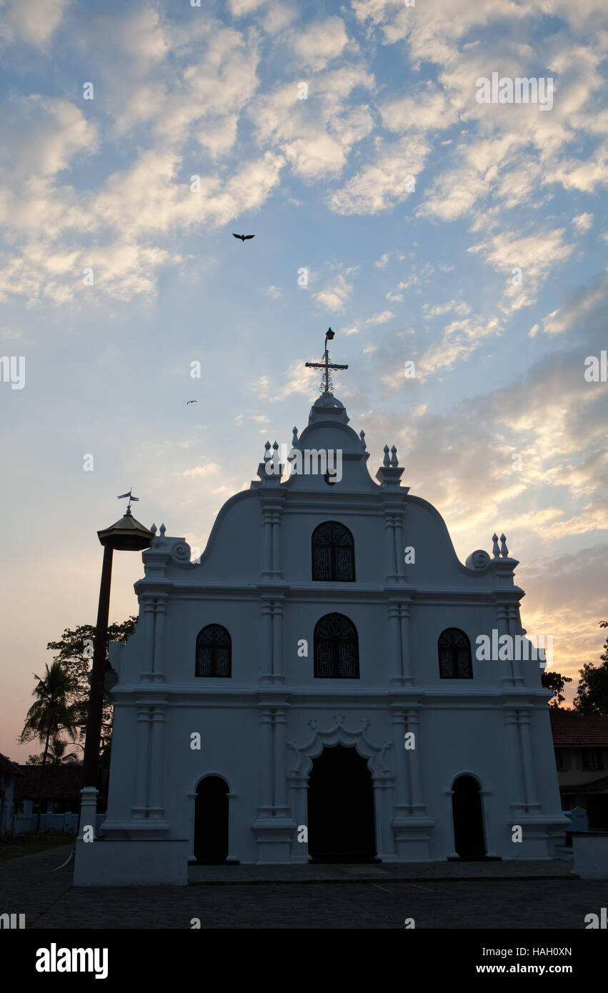 Silhouette at sunset of  'Our Lady of Life church, Fort Kochi India. Stock Photo