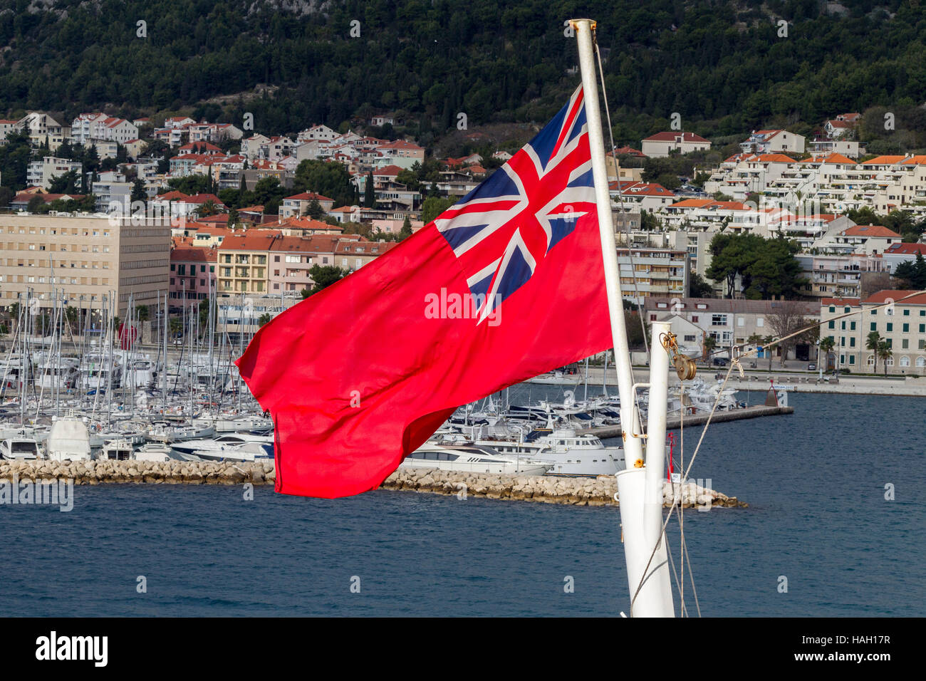Red Ensign flying on the stern of P&O Arcadia, Split, Croatia. Stock Photo