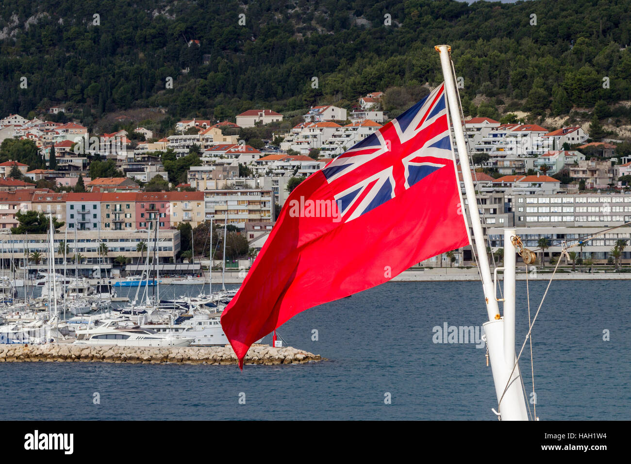 Red Ensign flying on the stern of P&O Arcadia, Split, ooratia. Stock Photo