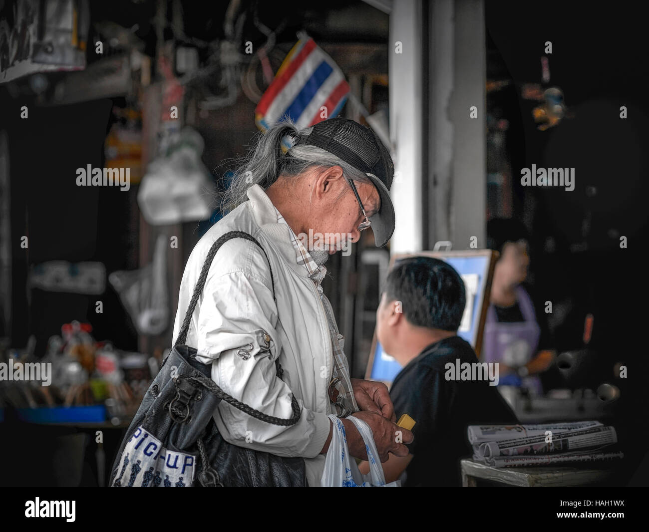 Elderly Asian Man Sporting Ponytail Hairstyle Shopping Thailand S