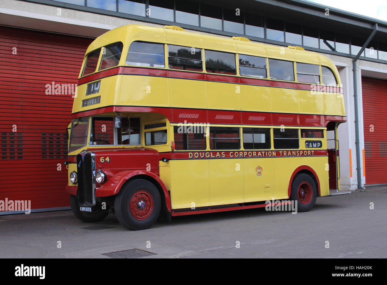 Preserved Douglas AEC Regent III 64 (KMN 835) is seen at Banks Circus depot, Douglas Stock Photo