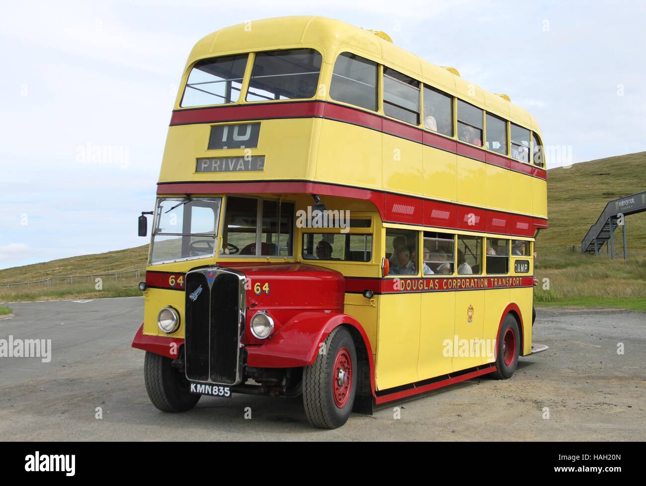 Preserved Douglas AEC Regent III 64 (KMN 835) is seen at the Bungalow on Snaefell Stock Photo