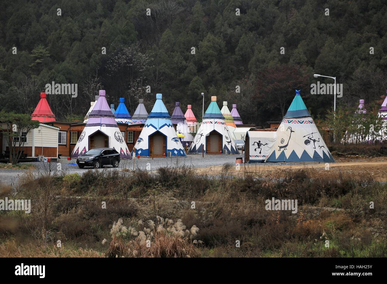 Unique colorful motel and camp site near Danyang, South Korea. Looks like American Indian tipi, tepee, teepee. Stock Photo