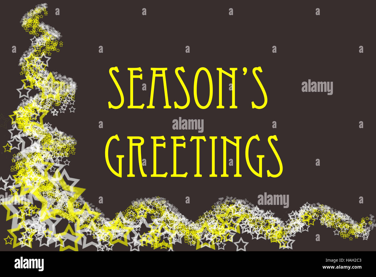 Stylish, simple, Season's Greetings background with dark chocolate brown and yellow/gold sprinkled stars in the corner Stock Photo