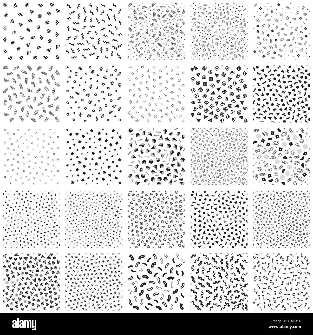 Big ollection of swatches memphis patterns seamless. Fashion 80-90s. Black and white fashion textures Stock Vector