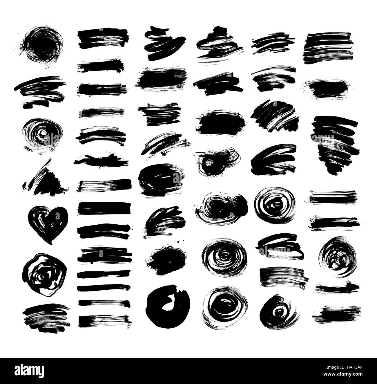 set of 52 black ink hand drawing brushes collection isolated on Stock